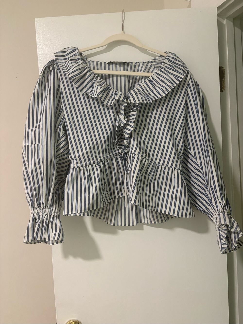 Hunter Bell Striped Ruffle Peplum Blouse - Blue/White